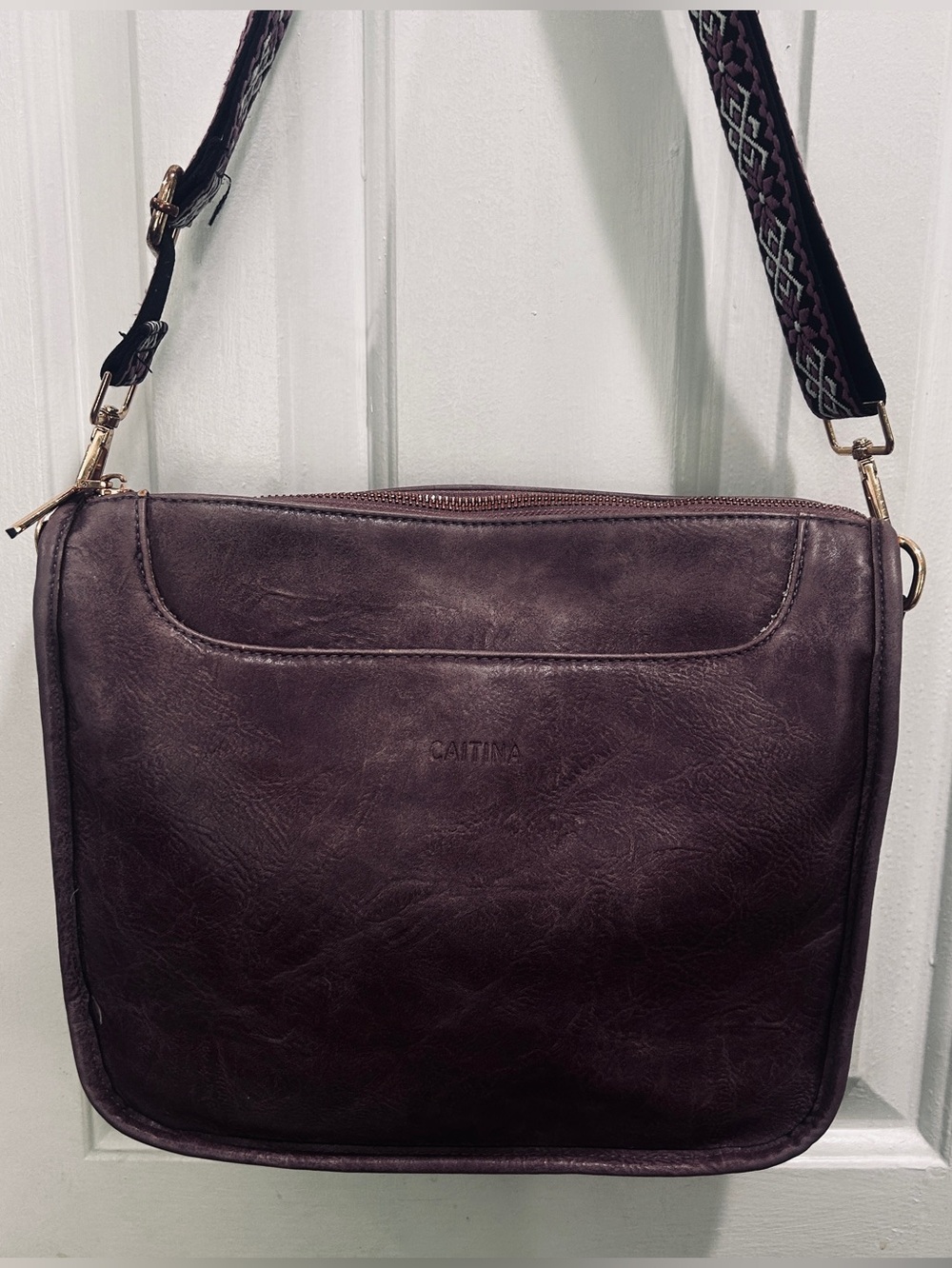 Plum Leather-Effect Bohemian Style Crossbody Bag with Detachable Strap